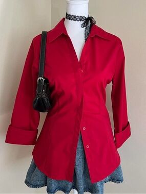 Vintage Y2K red office siren preppy coquette fitted button down blouse top S-M